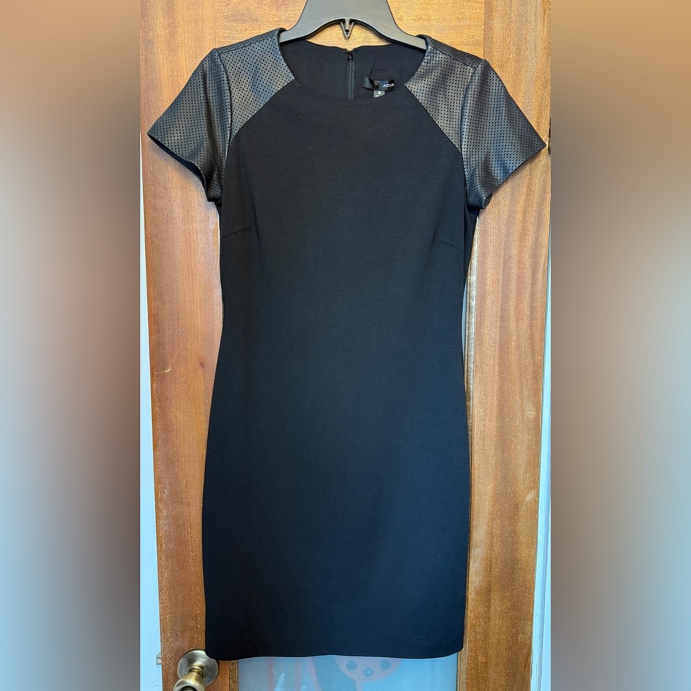 Aqua Sexy “ Little Black Sheath Dress” Genuine Leather Cap Sleeve Medium